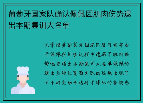葡萄牙国家队确认佩佩因肌肉伤势退出本期集训大名单